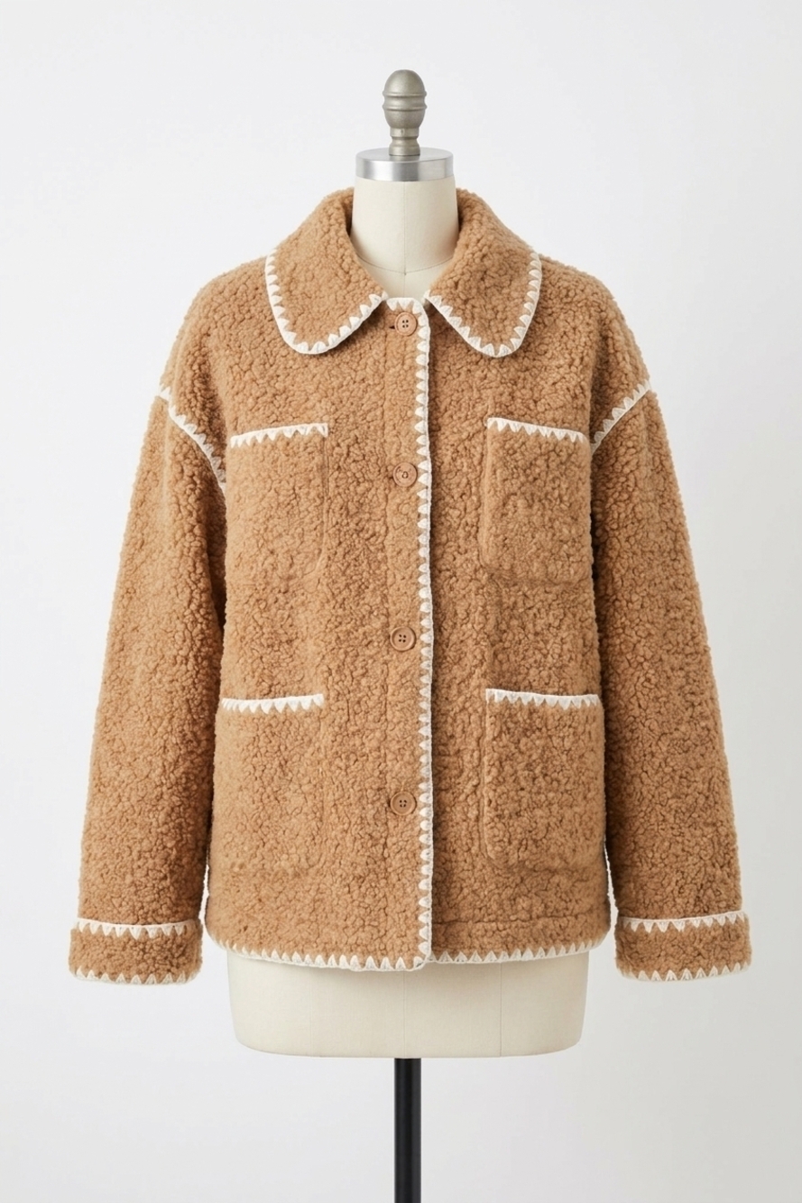 NEW ENGLISH FACTORY embroidered shearling jacket in tan
